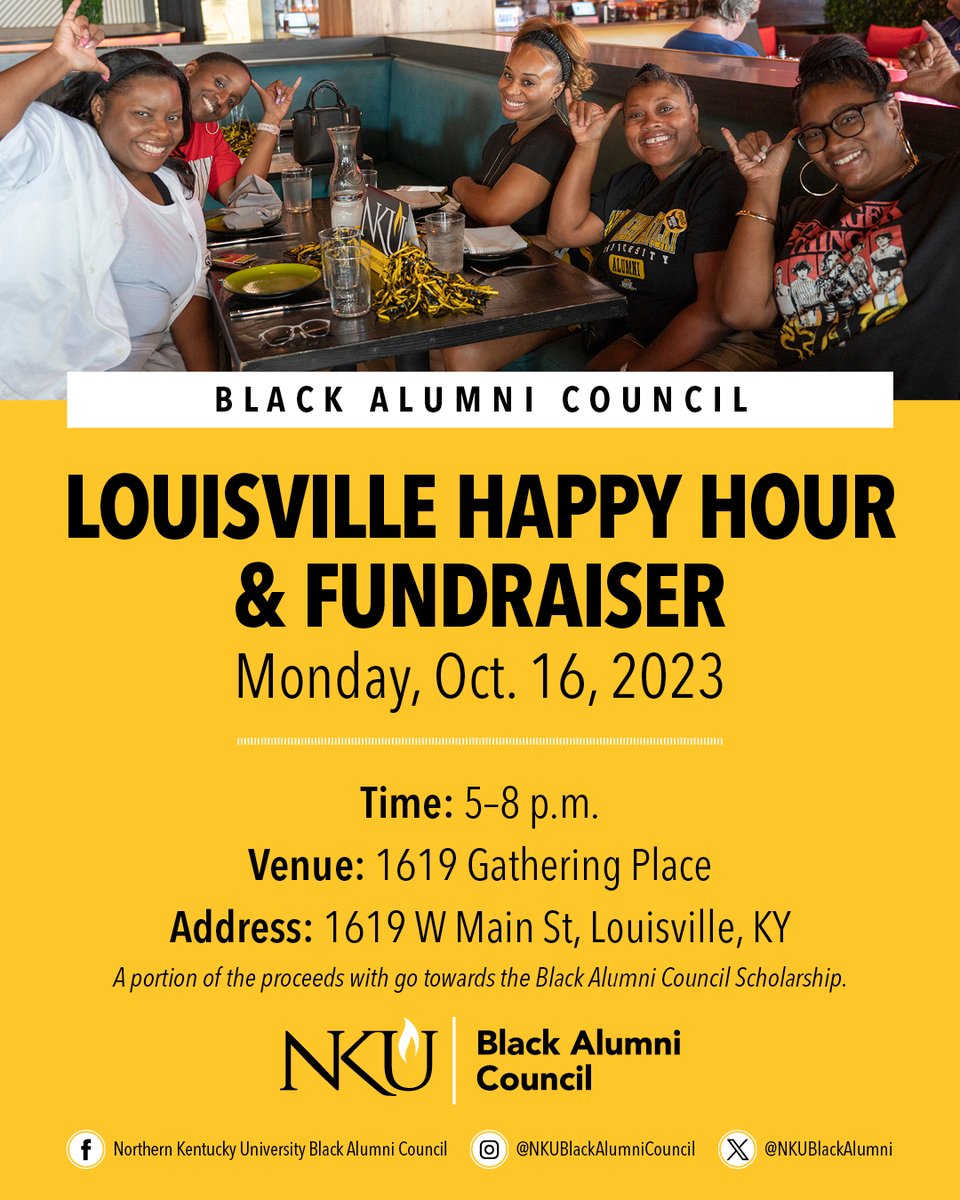 Louisville NKU alumni, spend your happy hour #1619GatheringPlace. Meet fellow alumni, support your favorite school, and introduce your network to a great opportunity to support the BAC Scholarship.
Monday, Oct 16, 5-8pm
#CashBar #GoodFood #GreatCause
<a href="/NKUalumni/">NKU Alumni</a> 
<a href="/nkuy/">sinead</a>