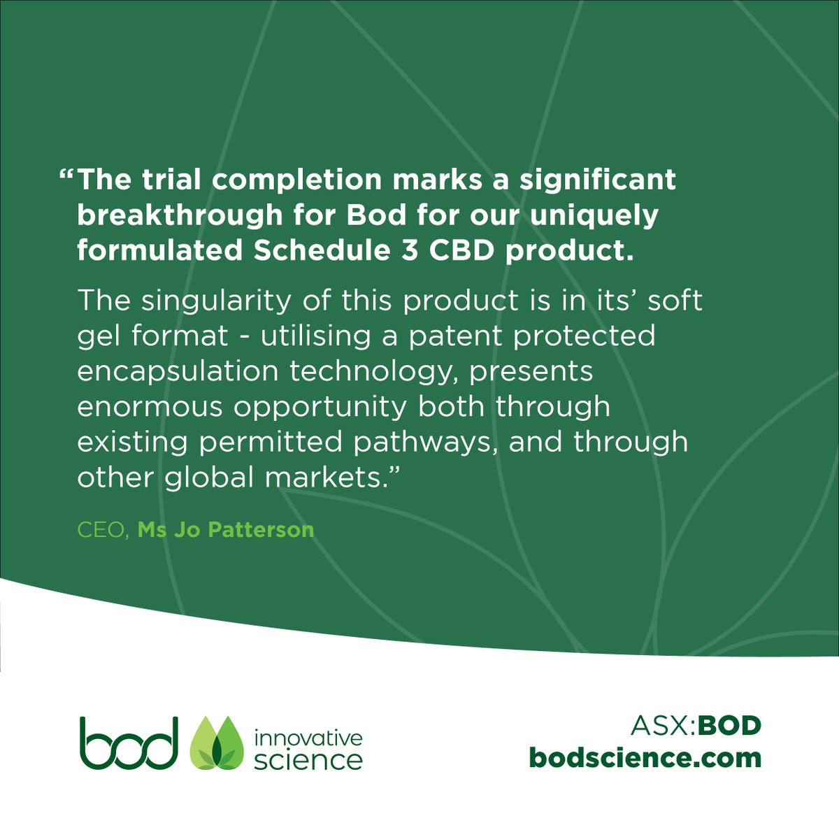 #ASXNews

$BOD.AX Schedule 3 Clinical Trial CBD 100mg displays statistical significance over placebo with p-value of 0.04 supporting commercialization pathway whilst primary endpoint on ITT population showed no statistical significance over placebo.

loom.ly/XQIWLj0

#ASX
