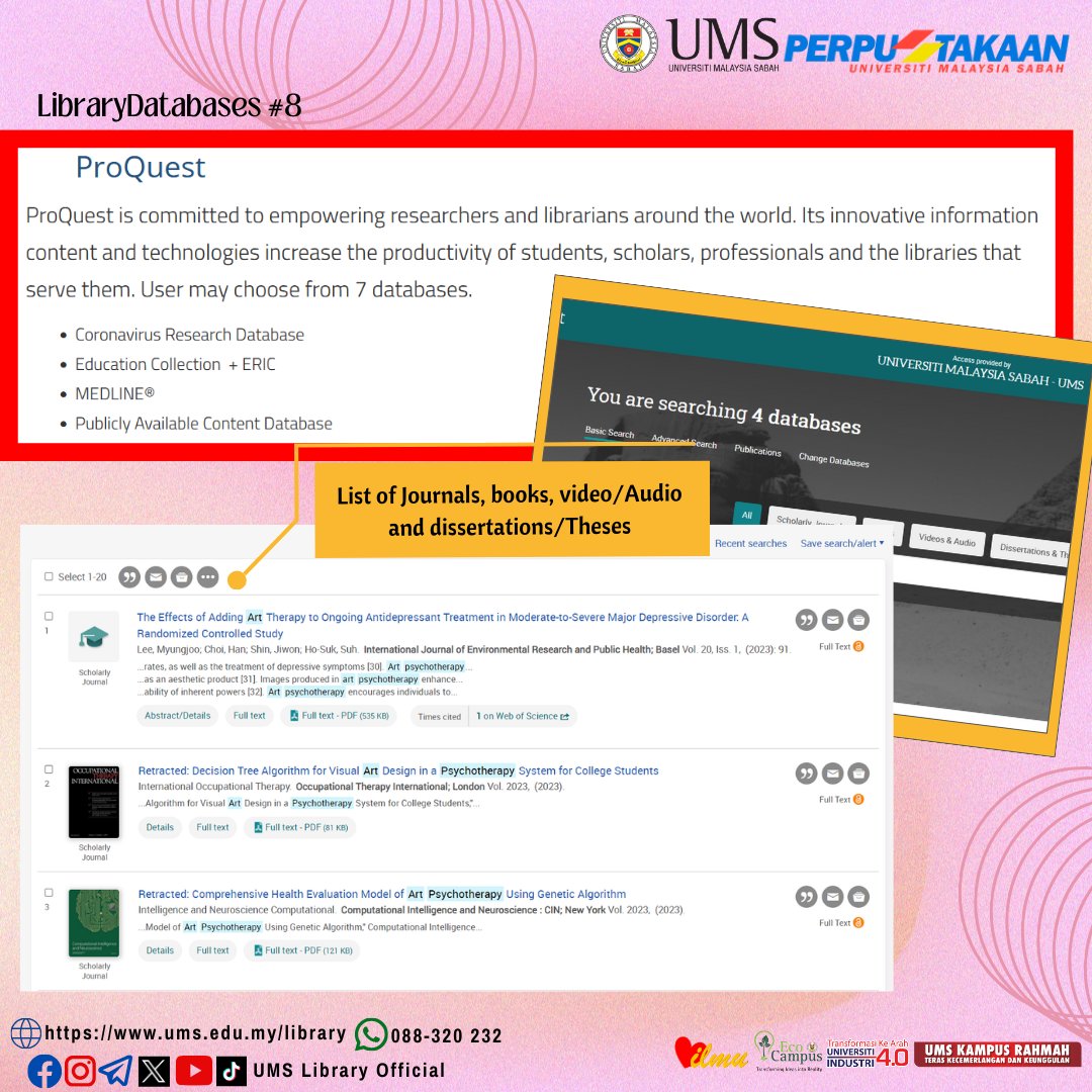 Lib_UMS's tweet image. Let's explore further the ProQuest Database which can be reached through the following link: shorturl.at/swU26
Or
Library website for other Databases searches ums.edu.my/library/en/col…
Happy exploring!😃
#ProQuestDatabase 
#IncreaseKnowledge
#UMSLibrary
