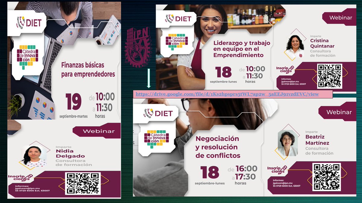 ¡Participa en nuestras "Cátedras de Innovación"!
📅 del 18 al 21 de Septiembre
💻 Regístrate por medio de los enlaces o código QR que aparecen mediante el siguiente enlace:
drive.google.com/file/d/1Ks2hps…
Super interesantes!!