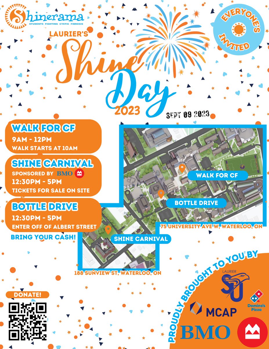 CF_KW's tweet image. Since the 1960s, WLU 1st yr students have supported Cystic Fibrosis Canada with their annual Shinerama campaign. Join them on Sat., Sept. 9, 2023 at the fun, family-friendly walk and Carnival! Save your empties (bottles and beer cans) to drop off!