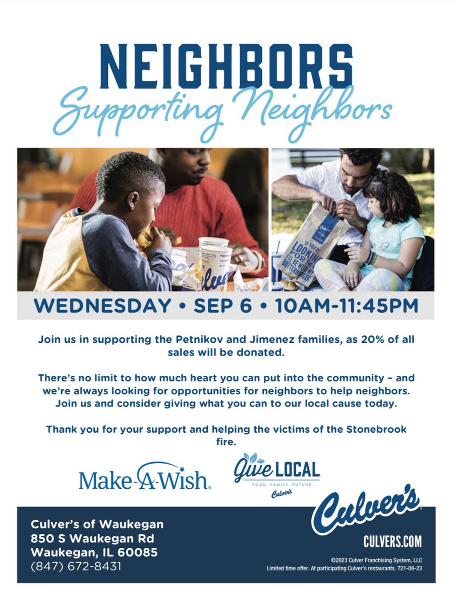Come out and support our Waukegan families! Thank you Waukegan Culver’s for always supporting our community.
