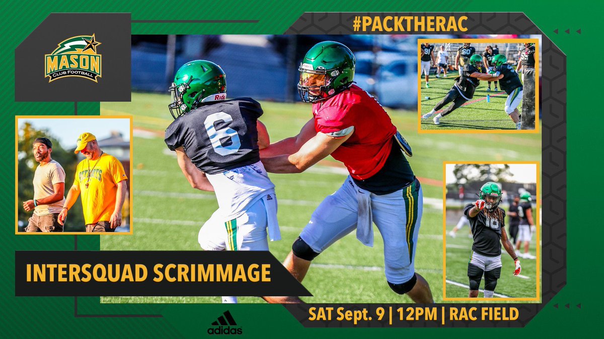 GMUClubFootball's tweet photo. WE’RE BACK ❗️❗️Come out this Saturday at 12PM to see Head Coach Aaron Raffle’s new and improved Patriots in our intersquad scrimmage! 🔰🏈🔰

#PACKTHERAC https://t.co/lKZDlkM5bY