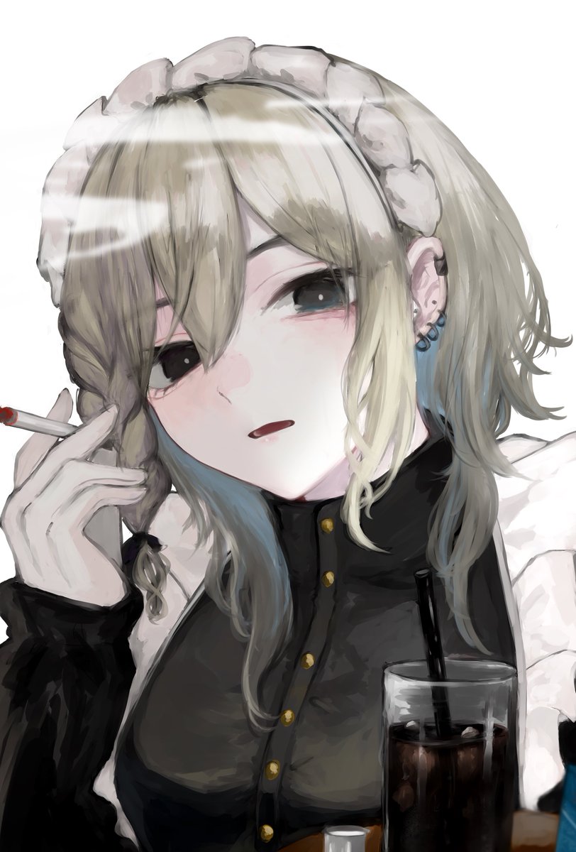 1girl cigarette solo maid headdress holding cigarette holding braid  illustration images