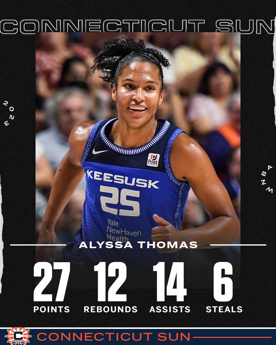 espn's tweet photo. Alyssa Thomas is the first player with 25 PTS, 10 REB, 10 AST and 5 STL in a game in WNBA history‼️ 

No player has even done that with 20 points 😳 https://t.co/k6aSO32Ulh