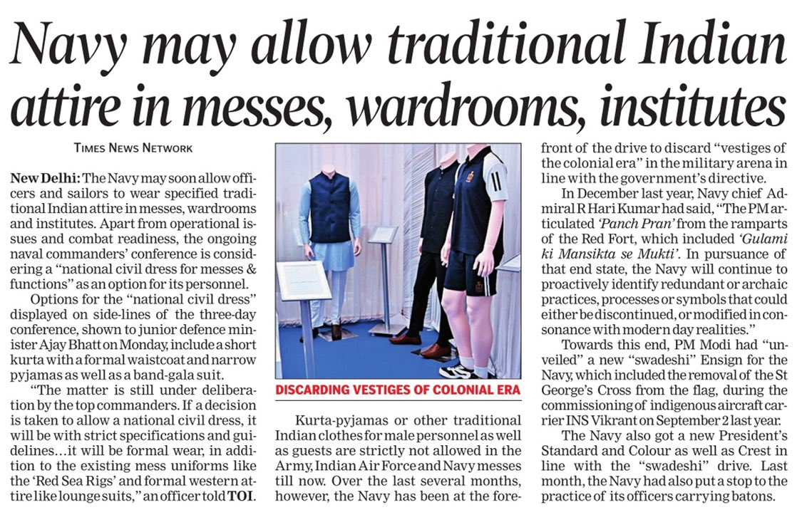 IamRajat_Pandit's tweet photo. Apart from operational issues &amp; combat readiness, the ongoing #NavyCommandersConference is considering a #NationalCivilDress for messes and functions as an option for its officers &amp; sailors! https://t.co/OgTWMJHThH