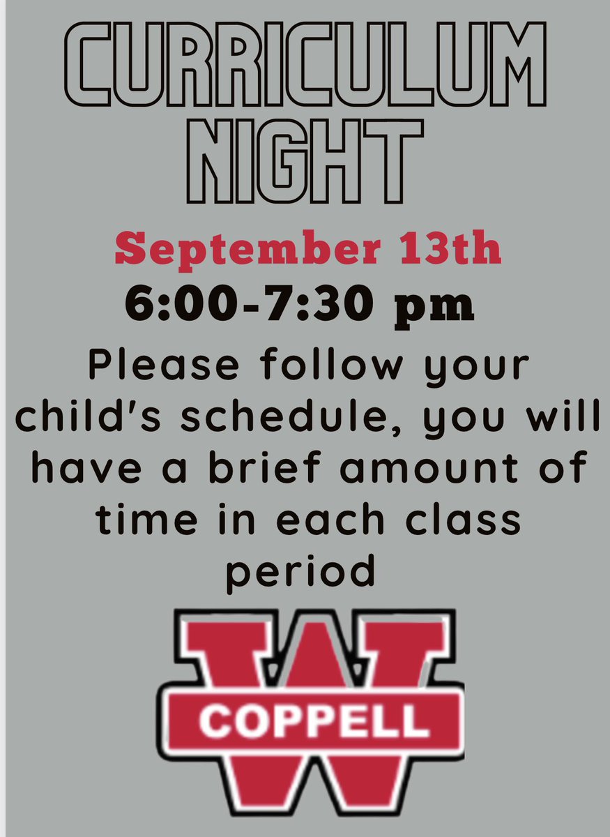 Save the Date! September 13th 6:00-7:30 for Curriculum Night! See you there, Westies! Please repost #westfam