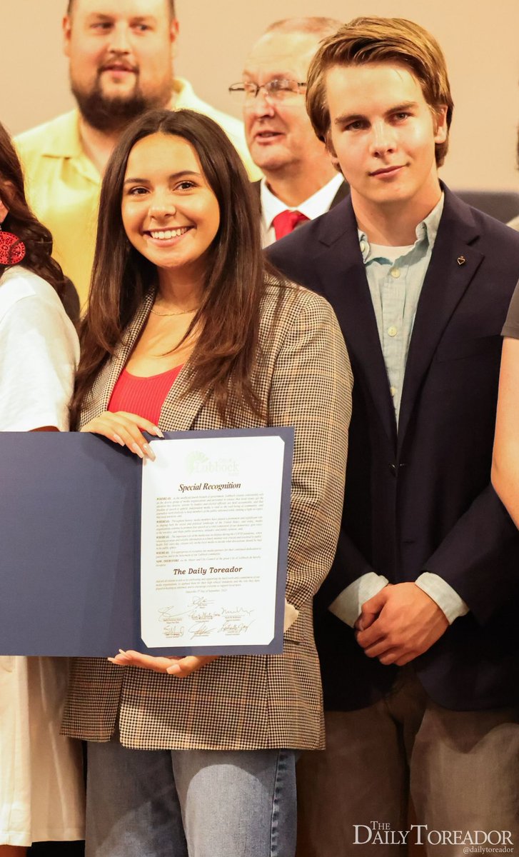 DailyToreador's tweet photo. Sept. 5, 2023, The Daily Toreador received a special recognition from the City of Lubbock.

The DT is honored to be recognized as a reputable local news source. Long live student media! 🏅📰 https://t.co/wcnwj8U9vm
