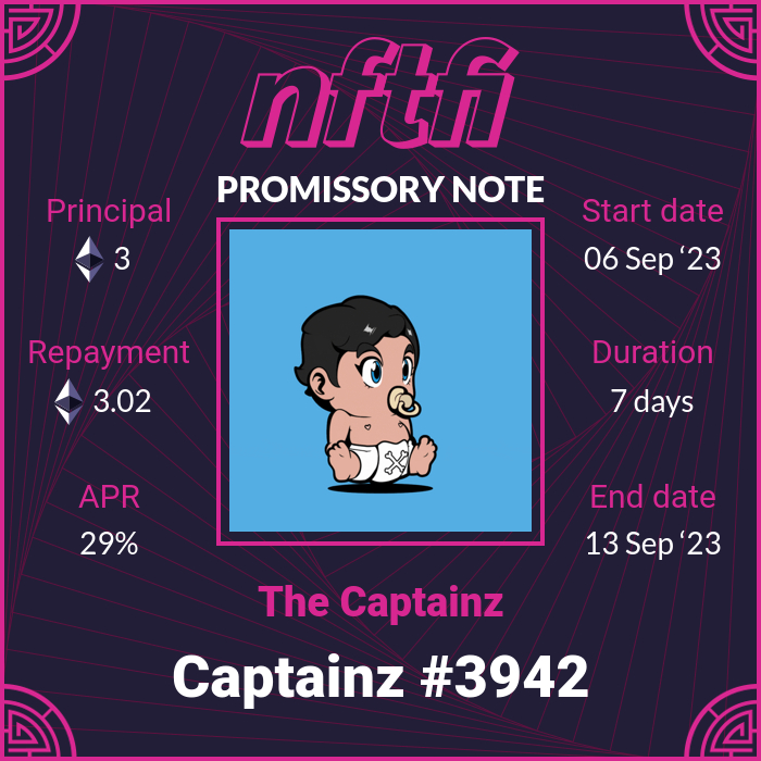 New loan started on Captainz: Captainz #3942
    
Loan: 3 wETH
Repayment: 3.016685 wETH
Duration: 7 days
APR: 29%
  
app.nftfi.com/assets/0x76927…