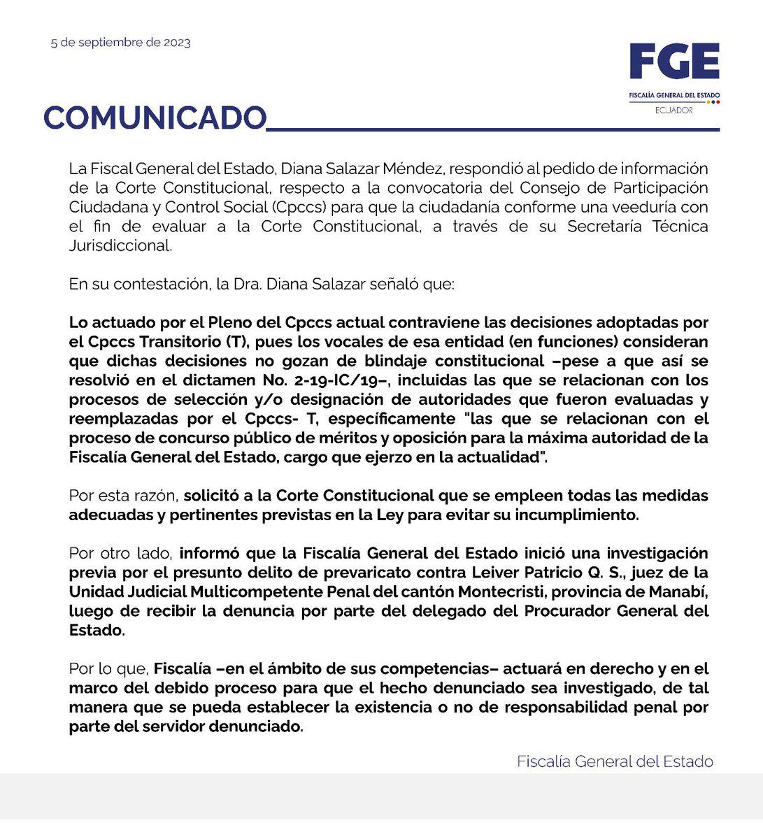 FiscaliaEcuador's tweet photo. #COMUNICADO | La fiscal general del Estado, @DianaSalazarM2, respondió el requerimiento de información de la @CorteConstEcu, respecto a la decisión de un juez de #Montecristi y la conformación de una "veeduría para evaluar" las acciones del Cpccs-T. 

Detalles ⬇️ https://t.co/iMPhyV3b66