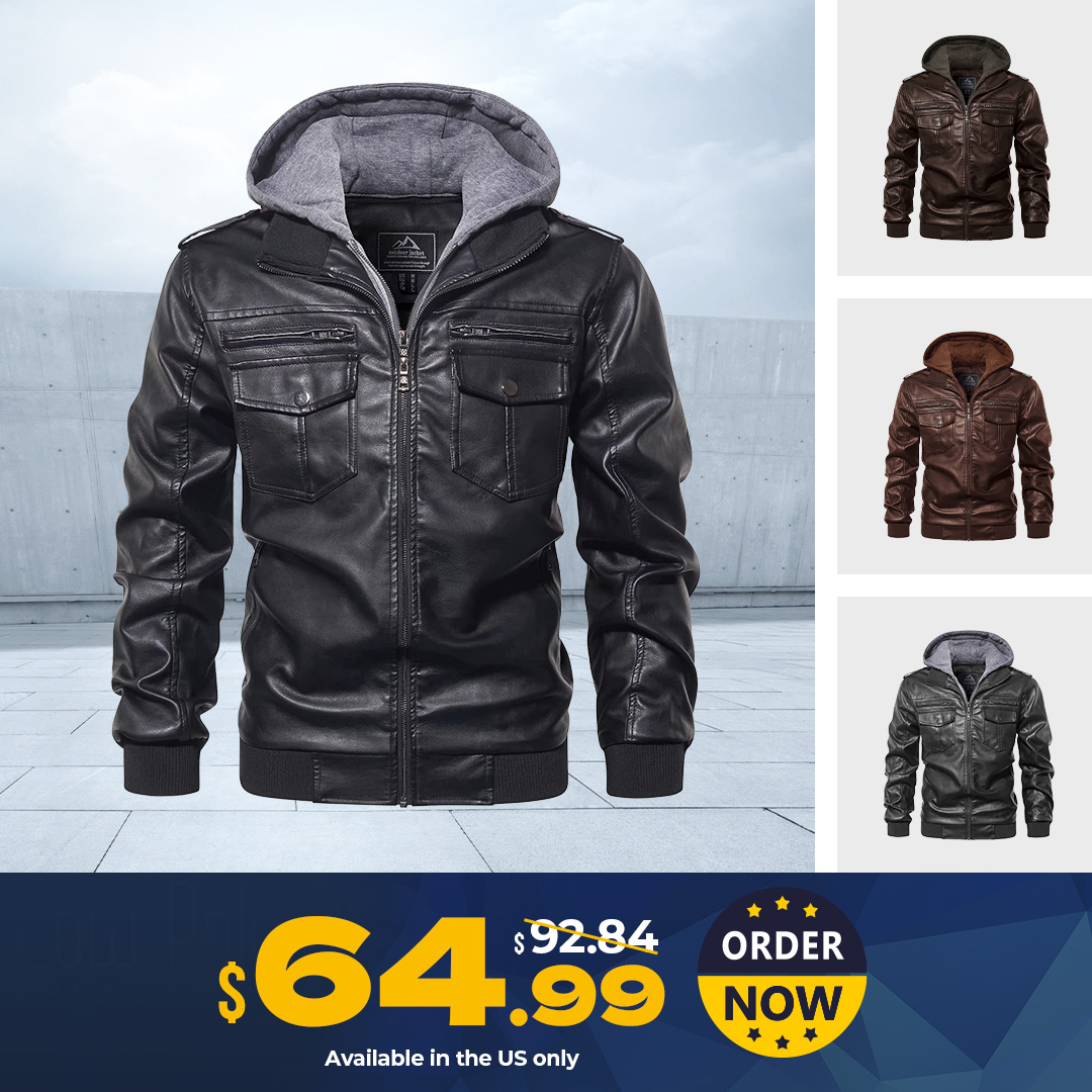 Men's PU Faux Leather Jacket with Removable Hood!😍 Do you like this style? Get it now in a great sale.🎉🎉🎉 #menjacekt #leatherjacket #bomberjacket #magcomsen