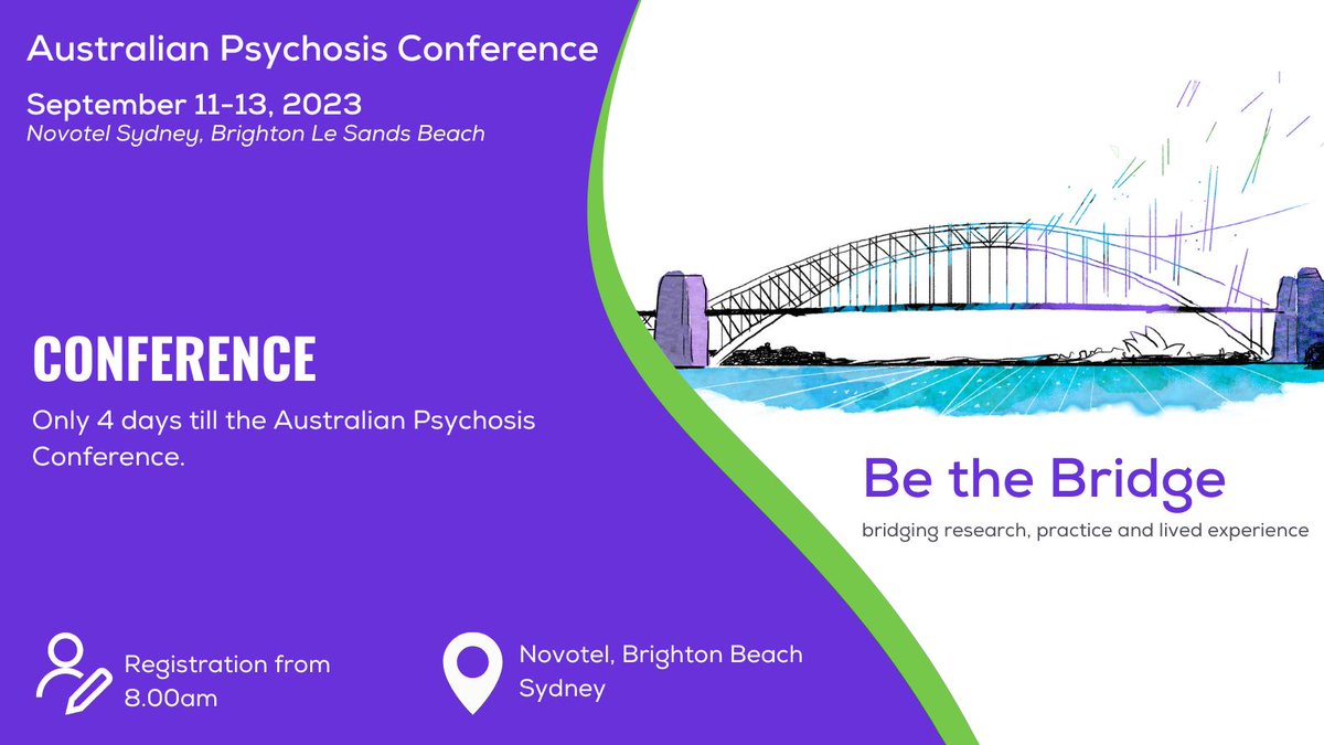 We're looking forward to welcoming our delegates on Monday to the Australian Psychosis Conference! Registration opens from 8am with the conference getting underway from 9. #AUSPC2023 #bethebridge