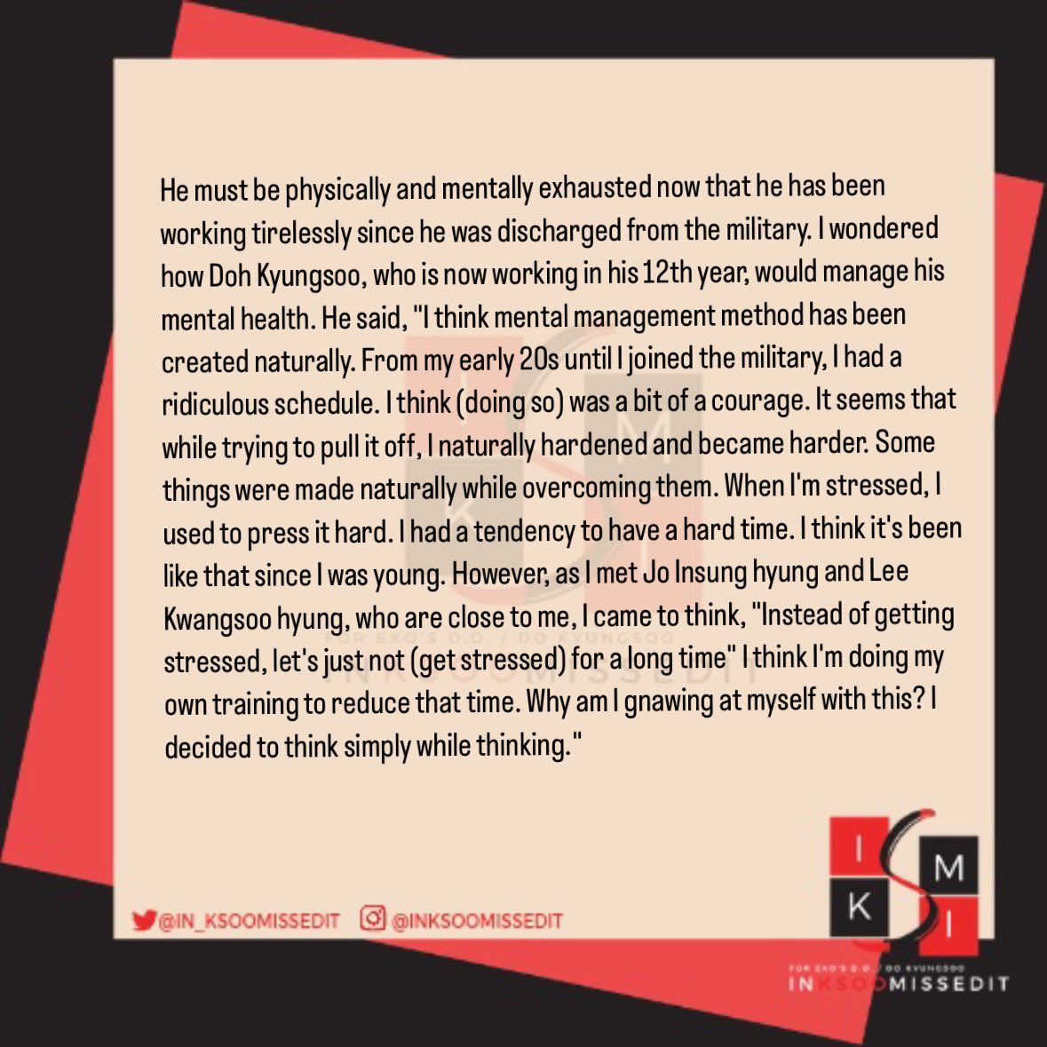 in_ksoomissedit's tweet photo. [ARTICLE] 230906 Doh Kyungsoo interview (The Moon),
“Mental Management Method of Doh Kyungsoo in his 12th year”

#엑소디오 #도경수 #DO (D.O.) #KyungSoo @weareoneEXO https://t.co/dOMjymA8Pb
