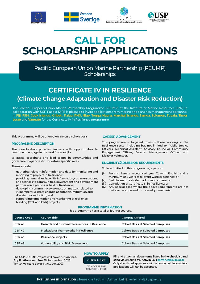 EXTENDED CALL FOR SCHOLARSHIP APPLICATIONS
The USP #PEUMP project is providing scholarships for eligible candidates to undertake a Cert IV on Resilience (Climate Change Adaptation and Disaster Risk Reduction). Application closes 15 September, 2023.
usp.ac.fj/sas/wp-content…