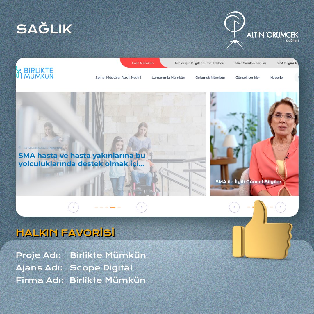 21. Altın Örümcek Ödülleri Web Sitesi - Sağlık kategorisinde Halkın Favorisi olan proje: Birlikte Mümkün.  
👏🏻 Tebrik ederiz <a href="/AgencyScope/">Scope Digital</a> 

#altinorumcek2023 #yapayağlar