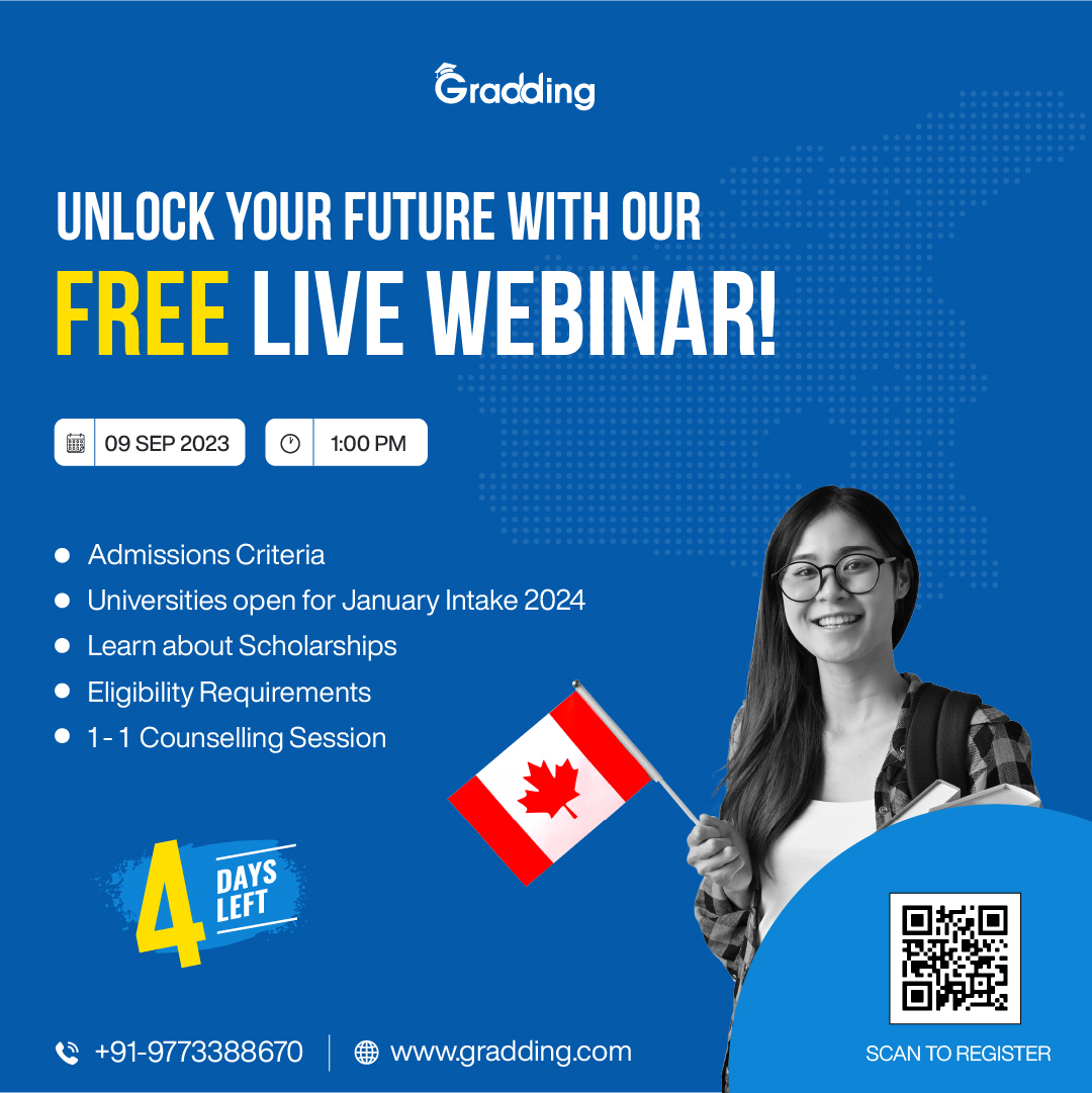 Gradding_'s tweet photo. Don't miss our webinar on Sep 9 at 1 p.m! Explore visa fees, budgeting, and more for #StudyAbroadSuccess. 🌍🚀
Call us at +91- 9773388670
FREE 1-1 counselling at https://t.co/EUGQKTRk9T
#webinar #canadianstudents #StudyAbroad https://t.co/Iy0b2JTNuH