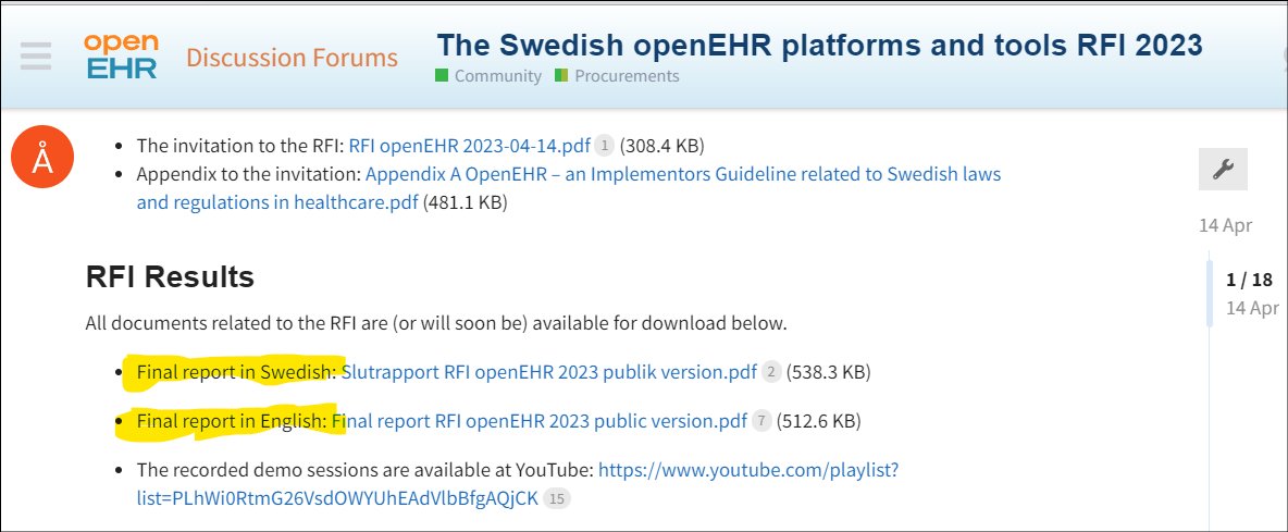 Yay! Now (in addition to the demo recordings on YouTube) the final written report from the Swedish #openEHR RFI is published, also an English version, read at discourse.openehr.org/t/the-swedish-… and  be  prepared for upcoming procurements! Nice to see so many #openEHR #EHRs and tools.