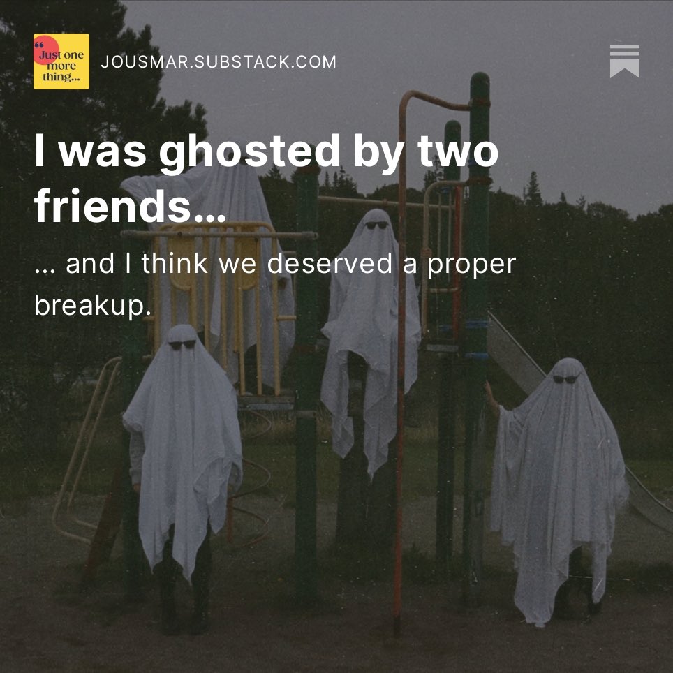 jousmar's tweet photo. My new piece on being ghosted by two mates has struck a chord with a lot of people, which is both reassuring (I’m not alone!) &amp; really sad (there are a lot of ghosts out there). Surely we should trust our friendships to withstand difficult conversations?

https://t.co/Q2Xve85uBJ https://t.co/hEhDjopEZB