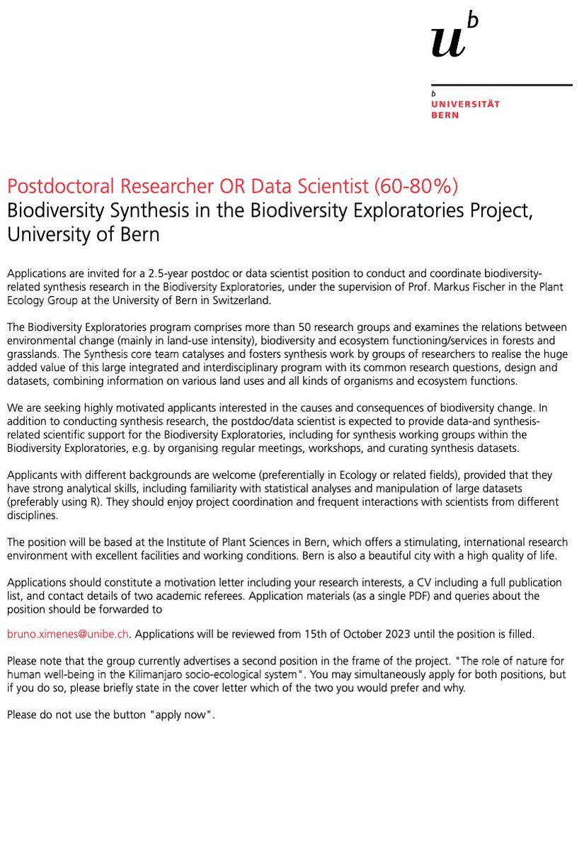 We are advertising two synthesis positions in the Plant Ecology group @unibern! 1) PostDoc: spatial synthesis in the Kilimanjaro SES project 2) PostDoc / Data scientist: biodiversity synthesis in the @BExplo_research project Deadline 15th October - Links below. Please share!