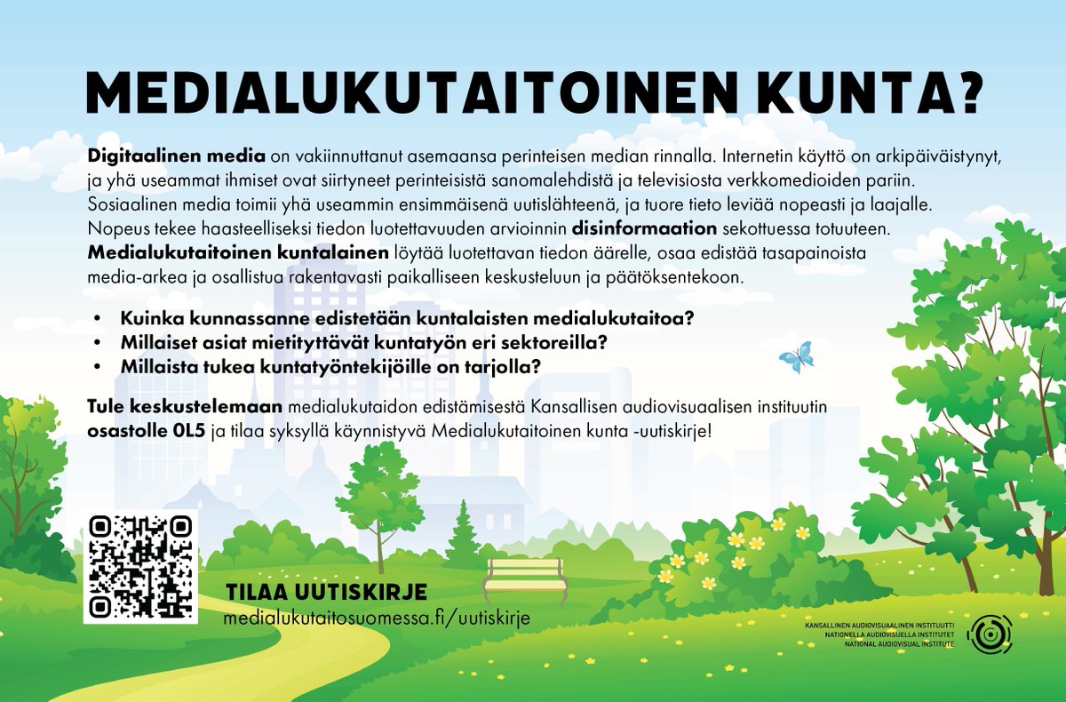 Millainen on medialukutaitoinen kunta? Millaisia taitoja on medialukutaitoisella kuntalaisella? Mikä on median ja medialukutaidon rooli kuntatyössä? Tule keskustelemaan kanssamme medialukutaidon edistämisestä ensi viikolla alkaville kuntamarkkinoille! #kuntamarkkinat