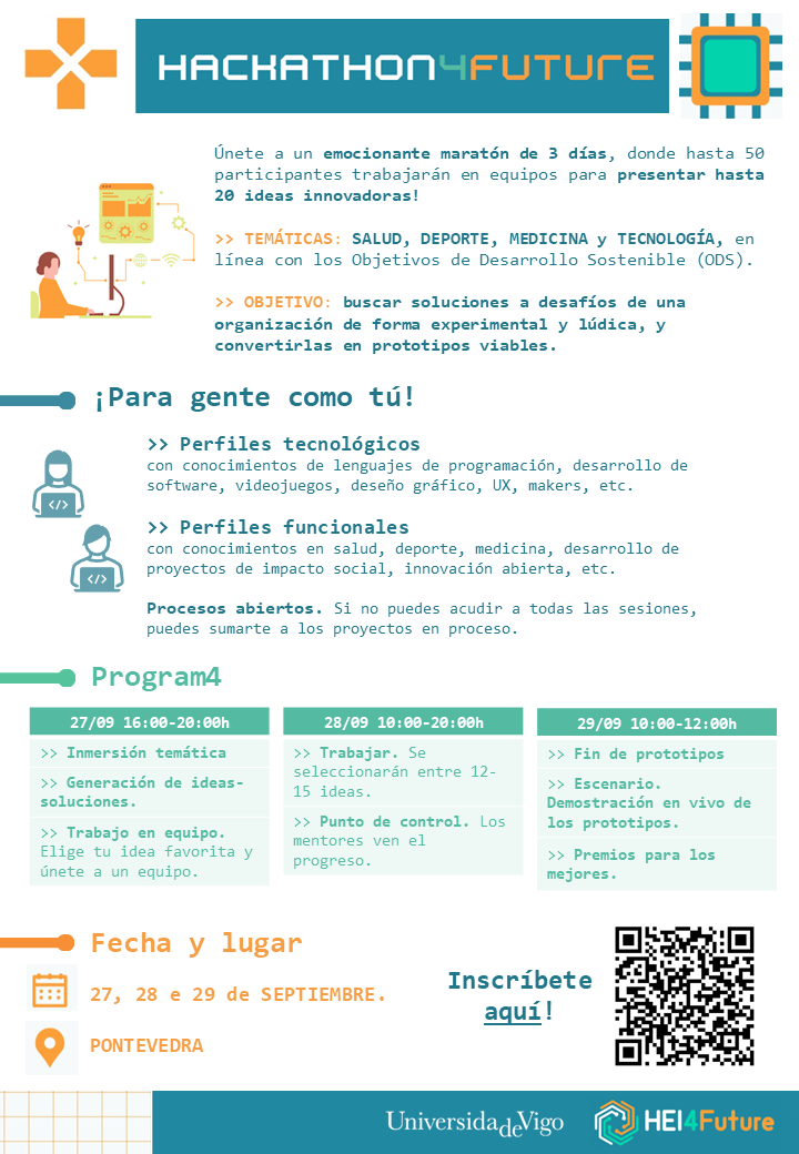 hei4future's tweet photo. 📢Llegó el #HACKATHON4FUTURE !

3 días de desafíos reales en equipo 🤝
 
Objetivo: Ideas innovadoras en #SALUD 💙, #DEPORTE 🏋‍♀️, #MEDICINA ⚕ y #TECNOLOGÍA 💻

Buscamos perfiles #TECNOLÓGICOS y #FUNCIONALES. 

🗓️27-29 de SEP (Pontevedra)

Regístrate! --> https://t.co/I1H3vlXmxn https://t.co/w5u0XbN4qB