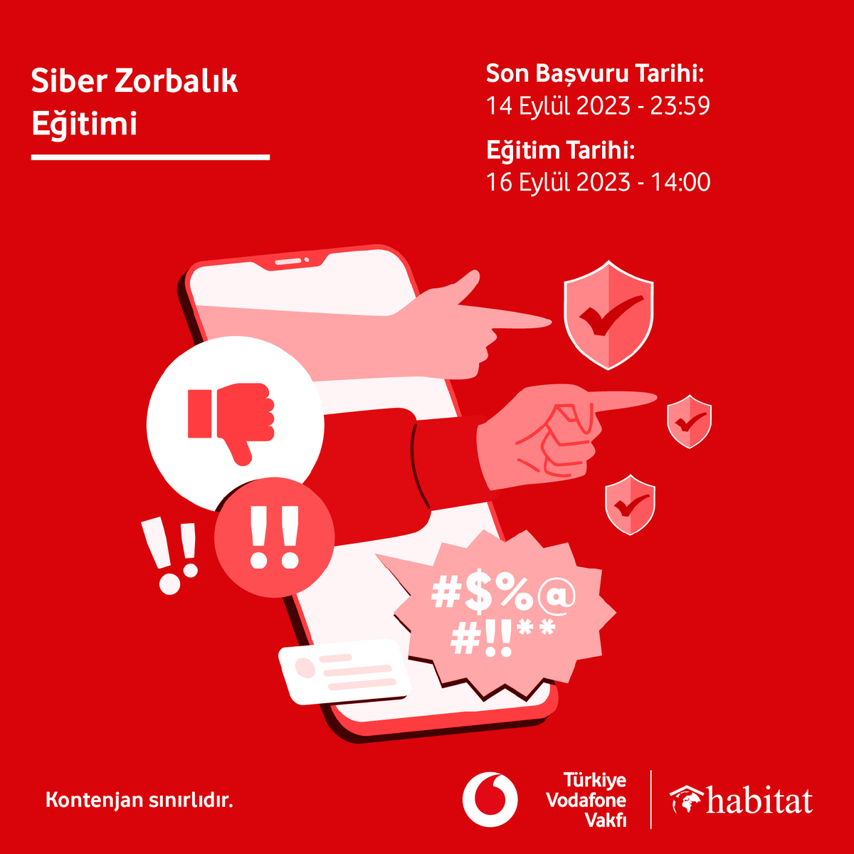 Yarını Kodlayanlar Projesi kapsamında 7-14 yaşları arasındaki çocuklar için çevrim içi Siber Zorbalık eğitimleri düzenliyoruz. Siz de Siber Zorbalık eğitimi ile dijital haklarınızı ve sorumluluklarınızı öğrenmek istiyorsanız hemen başvurun! 📅 Eğitim Tarih ve Saati: 16 Eylül