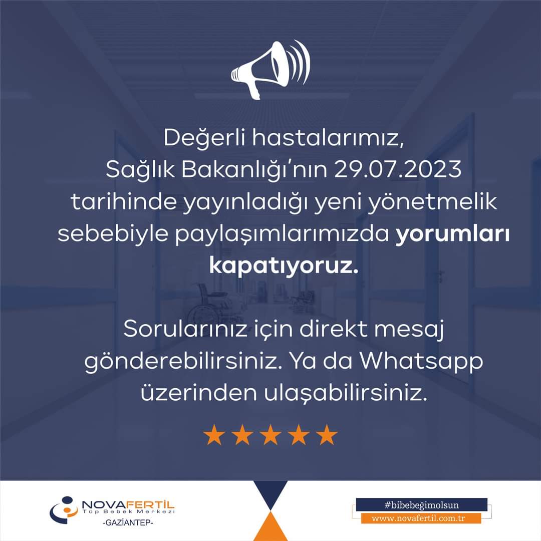 novafertilantep's tweet photo. Değerli hastalarımız,
Sağlık Bakanlığı’nın 29.07.2023 
tarihinde yayınladığı yeni yönetmelik 
sebebiyle paylaşımlarımızda yorumları 
kapatıyoruz. 

Sorularınız için direkt mesaj 
gönderebilirsiniz. Ya da Whatsapp 
üzerinden ulaşabilirsiniz. https://t.co/3aOTDftZdt