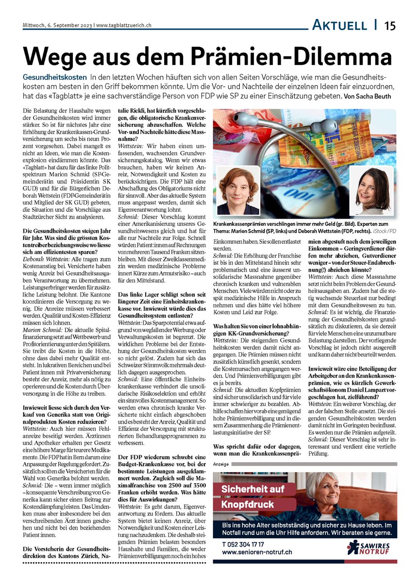 Meine Meinung zur Einheitskasse und zur Abschaffung des Obligatoriums. Und zu wirklichen Lösungen für das Schweizer Gesundheitswesen. Im heutigen Tagblatt. <a href="/mehblau/">FDP Stadt Zürich</a> <a href="/FDPFrauenZH/">FDP Frauen Kanton Zürich</a> <a href="/fdp_zh/">FDP Kanton Zürich</a> <a href="/FDP_Liberalen/">FDP Schweiz</a> #gesundheitskosten #prämien