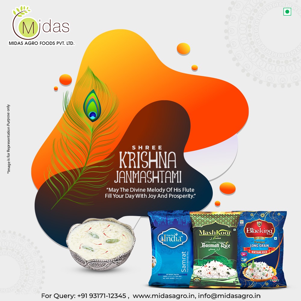 Midas Agro Rice extends warm Janmashtami wishes to all! May this auspicious day bring you abundance, joy, and the divine blessings of Lord Krishna. 
.
.
.
#janmashtami #janmashtami2023 #krishnajanmashtami #mashkoorbasmatiric #midasagro #midasagrorice 
midasagro.in