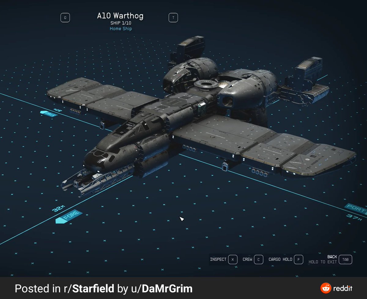 Ozymandias88_'s tweet photo. Starfield's spaceship builder is top tier. It's addicting stuff. 

We saw the Millennium Falcon, we saw the Enterprise, we saw the Normandy and now someone on Reddit built an A-10 Warthog and I NEED this 😍 https://t.co/8PDw2cNMLc