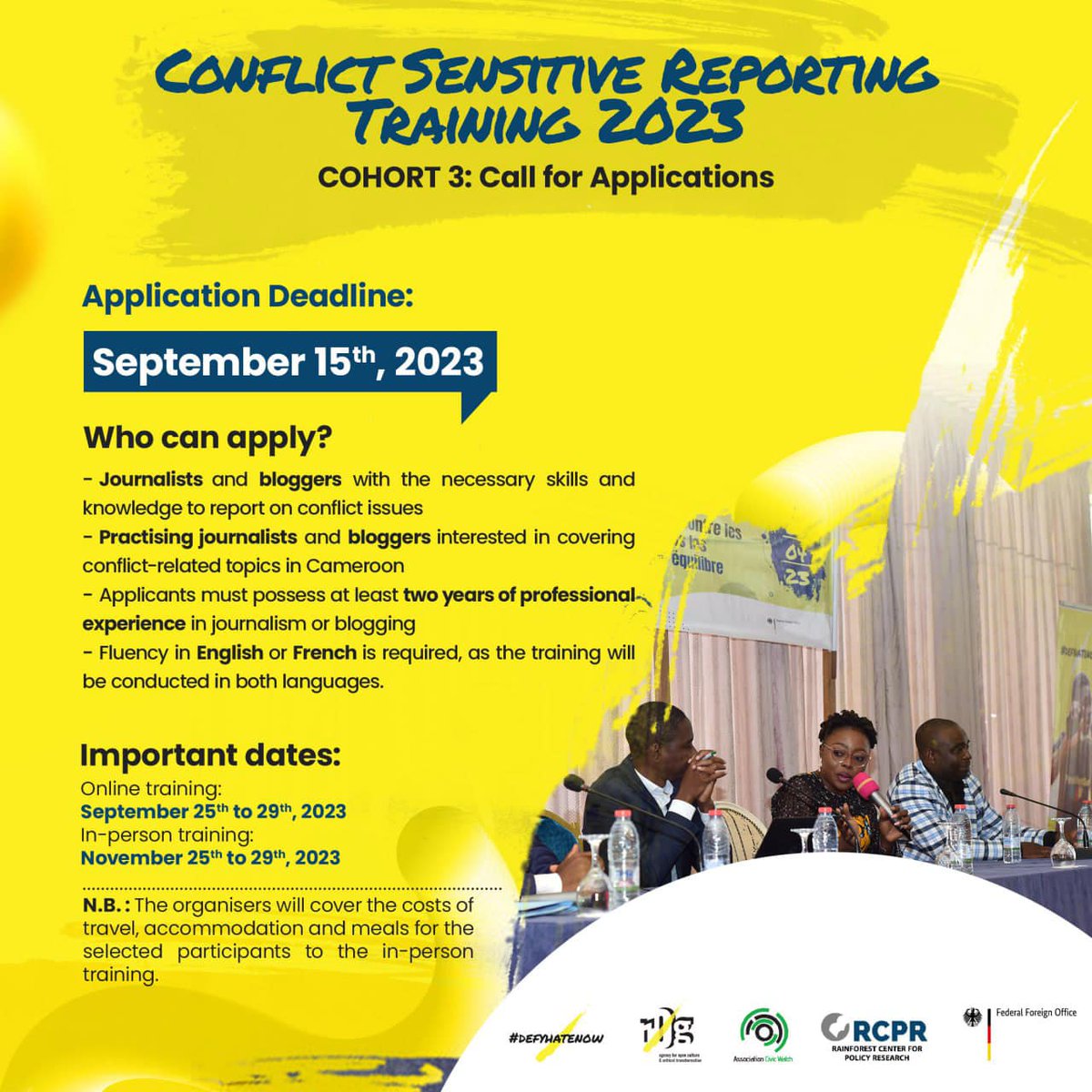 defyhatenow's tweet photo. @DefyhatenowWCA  and Rain Forest Center for Policy Research present Cohort 3 of the #Media4Peace training.

If you are a journalist or a blogger based in Cameroon with a passion for addressing issues related to conflict, this is for you!

Apply now: 👉 https://t.co/Jqf1o76JkC https://t.co/DI5ygfK9mu