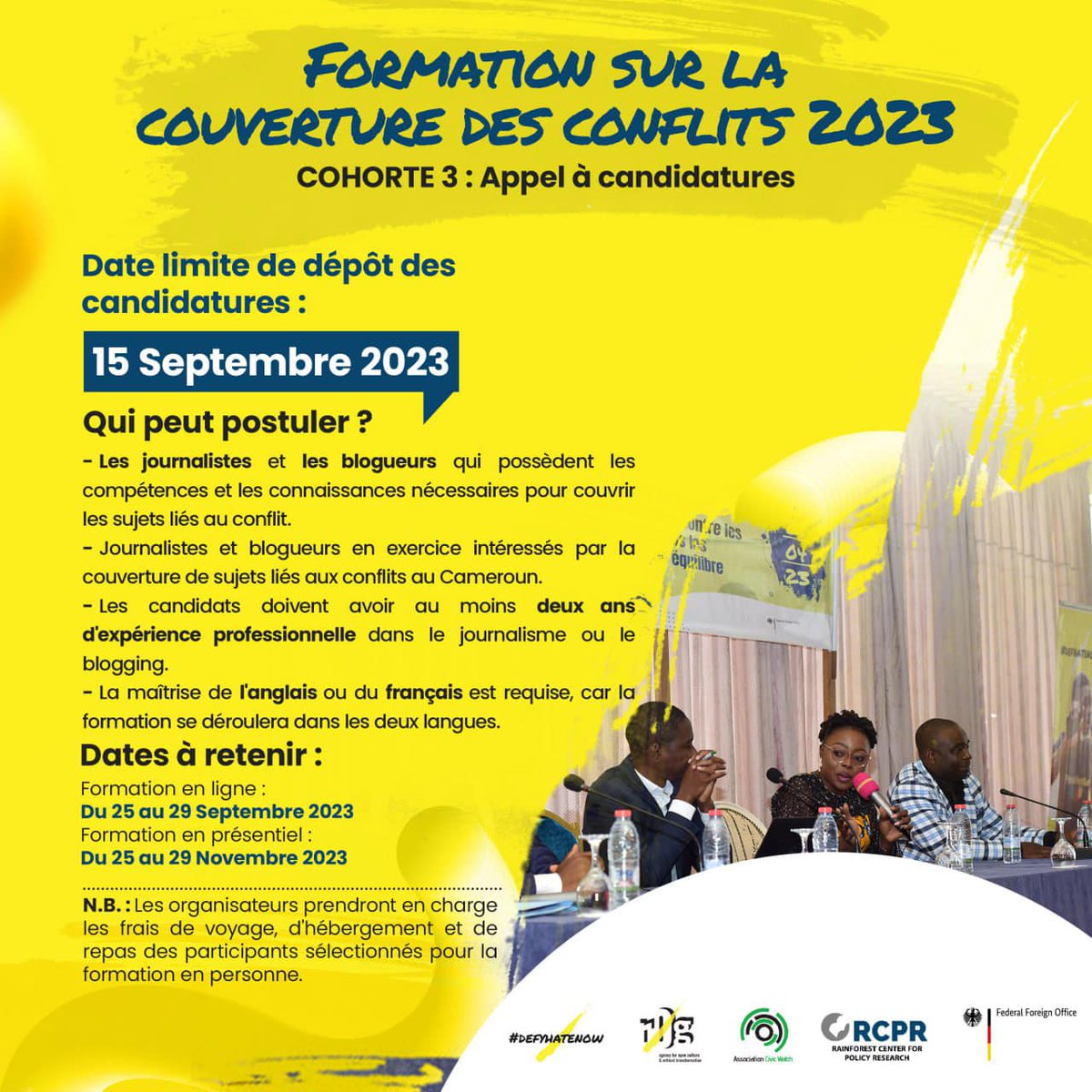 defyhatenow's tweet photo. @DefyhatenowWCA  and Rain Forest Center for Policy Research present Cohort 3 of the #Media4Peace training.

If you are a journalist or a blogger based in Cameroon with a passion for addressing issues related to conflict, this is for you!

Apply now: 👉 https://t.co/Jqf1o76JkC https://t.co/DI5ygfK9mu