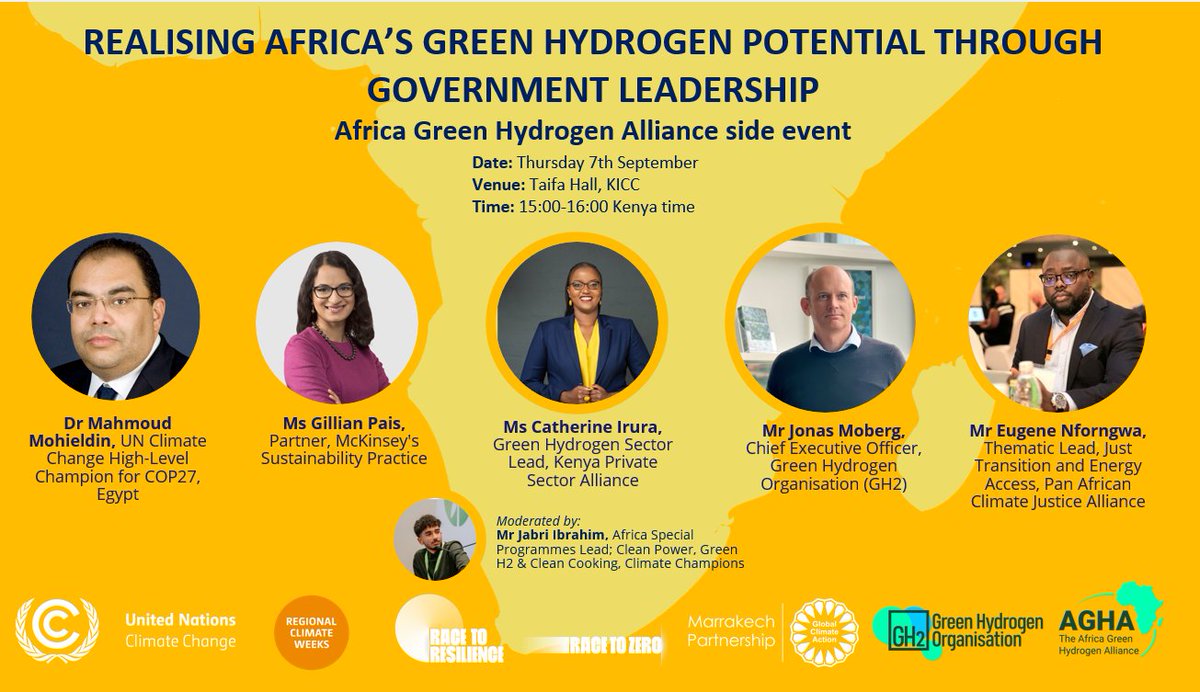 Join us tomorrow at Taifa Hall KICC 3-4pm Kenya time for a discussion on the responsible deployment of green hydrogen in Africa!

Not one to miss :) 

Feel free to private message me for further details 

<a href="/hlcchampions/">Climate High-Level Champions</a> <a href="/gh2org/">Green Hydrogen Organisation</a> <a href="/MMohieldin27/">Mahmoud Mohieldin</a> <a href="/jonasmoberg1/">jonas moberg</a> <a href="/Eugene_Nforngwa/">Eugene N Nforngwa</a>