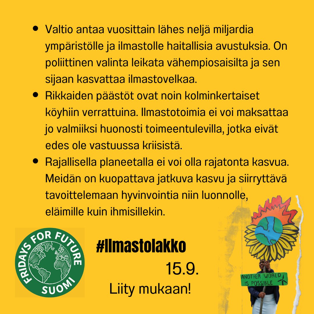 Ilmastolakon ensimmäinen vaatimus:

Leikataan ympäristölle ja ilmastolle tuhoisista tuista, ei köyhiltä!
#Ilmastolakko #LoppuFossiilisille #Ilmastokriisi #Luontokato