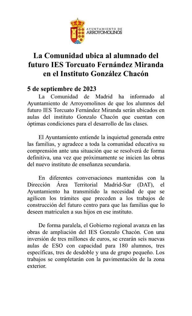 Arroyomolinos's tweet photo. Ante la situación del IES Torcuato Fernández Miranda: https://t.co/MUaLssT6Eb