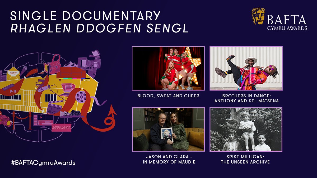 Nominees / Enwebeion 👆 Single Documentary / Rhaglen Ddogfen Sengl 👆 ✨ Blood, Sweat and Cheer ✨ Brothers in Dance: Anthony and Kel Matsena ✨ Jason and Clara – In Memory of Maudie ✨ Spike Milligan: The Unseen Archive #BAFTACymruAwards