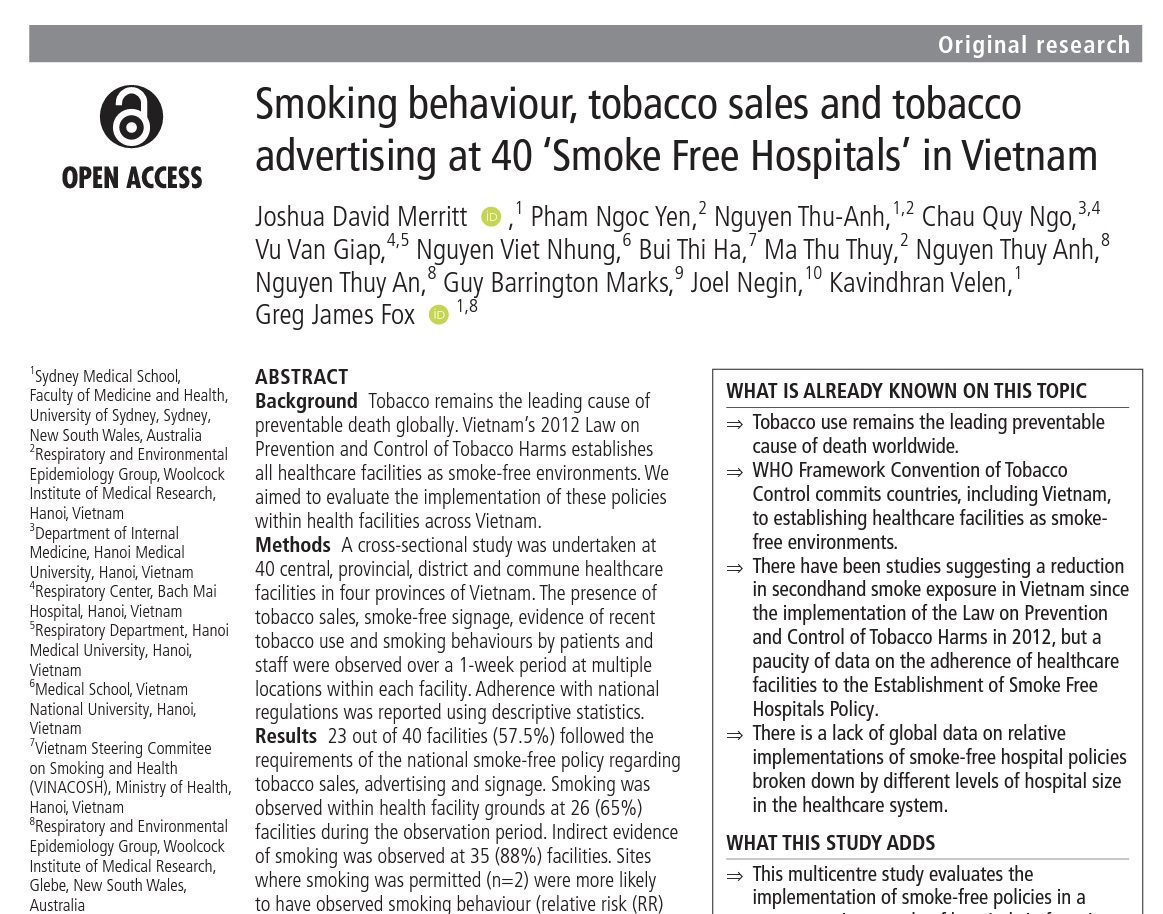 Greg Fox (@foxsimile) on Twitter photo Our new study of #smoking behaviours in 40 hospitals across Vietnam 🇻🇳, found smoking in hospital grounds at 65% of 🏥 - including some health workers🤔- and tobacco was sold onsite in 17%! Huge opportunities for clinicans 🩺 to help #QuitSMOKING <a href="/TC_BMJ/">Tobacco Control</a> protect-au.mimecast.com/s/ofyeCWLVXkU6… Our new study of #smoking behaviours in 40 hospitals across Vietnam 🇻🇳, found smoking in hospital grounds at 65% of 🏥 - including some health workers🤔- and tobacco was sold onsite in 17%! Huge opportunities for clinicans 🩺 to help #QuitSMOKING <a href="/TC_BMJ/">Tobacco Control</a> protect-au.mimecast.com/s/ofyeCWLVXkU6…
