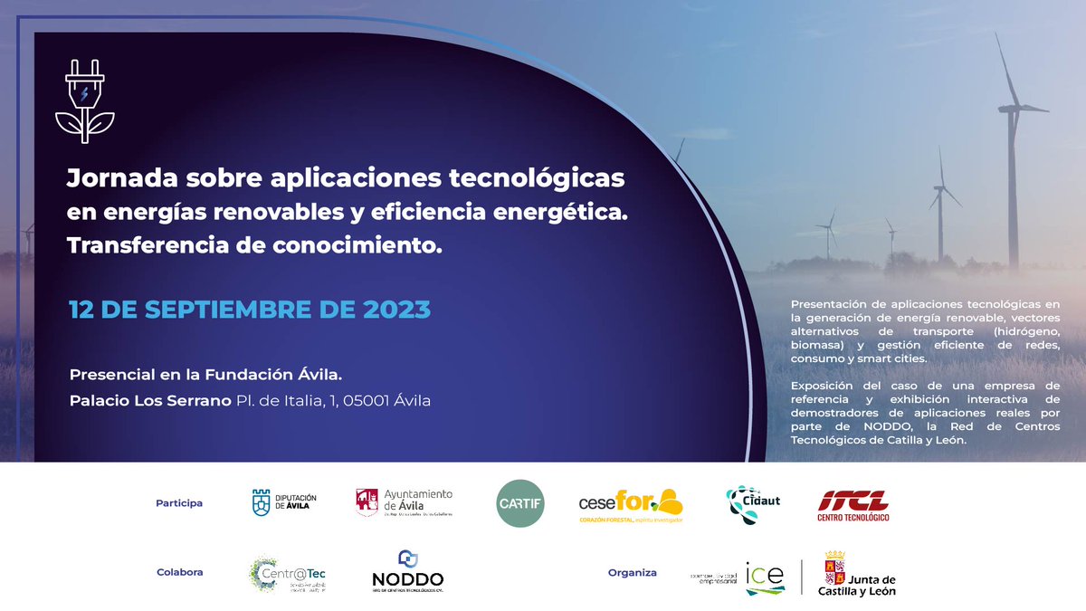 #EficienciaEnergética #EnergiasRenovables 🔋 #Ávila: 'Aplicaciones tecnológicas en energías #renovables y eficiencia energética' enmarcada dentro de las actividades del programa #Centratec @empresasjcyl 🗓 12 de septiembre itcl.es/events/aplicac…