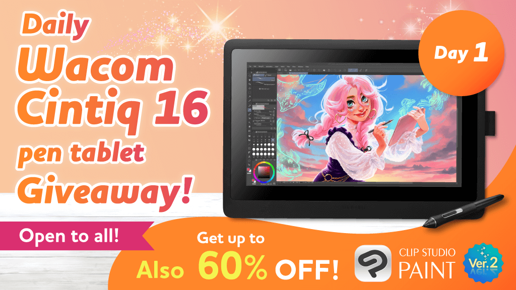 One person will win a Wacom Cintiq 16 every day! Just follow & repost this post to enter. Open to all! Plus, get up to 60% off on Clip Studio Paint! Ends September 12, 2023, 8:00 a.m. UTC/GMT. Details: clipstudio.net/promotion/give…