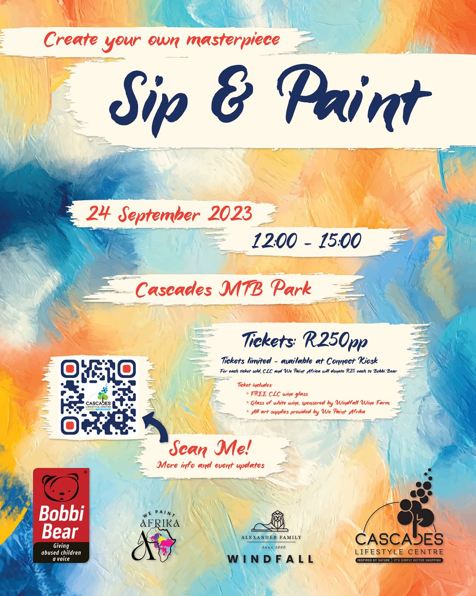Create your own masterpiece, sip wine, and have a great time for a good cause.
Join us on 24 Sept 2023 for Sip &amp; Paint in the MTB Park, in assoc. with #WePaintAfrika and #WindfallWine in aid of #OperationBobbiBear.
Tickets cost R250pp, available from the #ConnectKiosk.