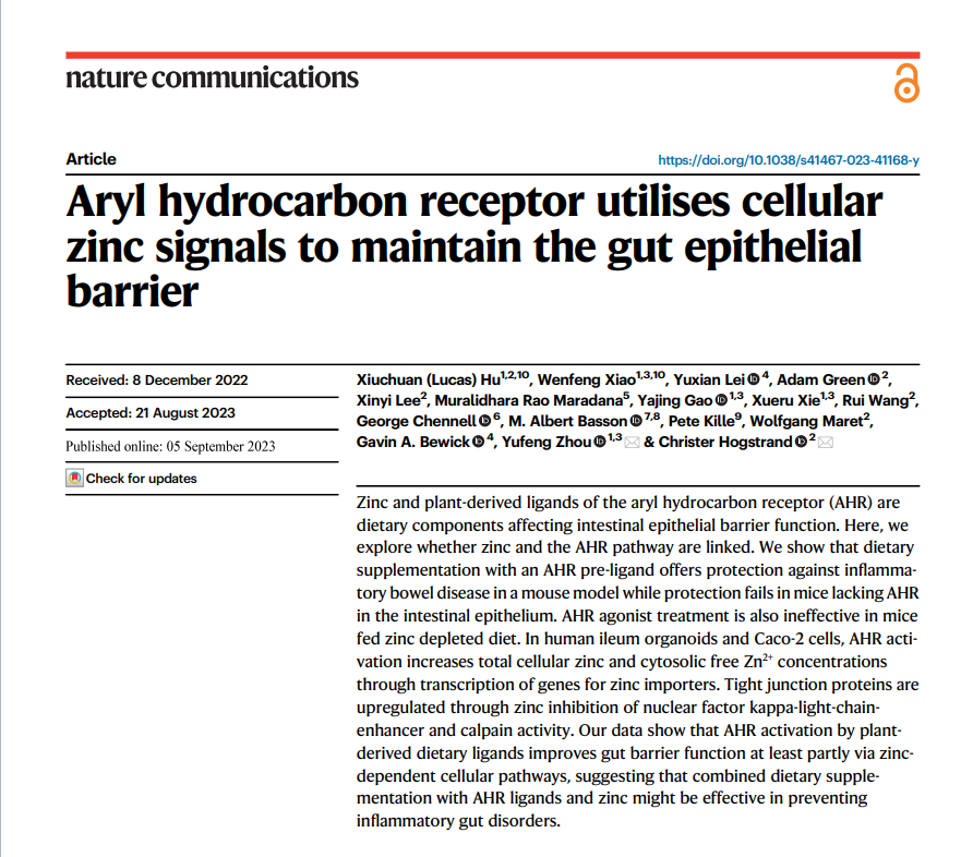 HogstrandC's tweet image. We are excited to announce the publication of our study on the intertwined roles of AHR and zinc in protection against Inflammatory Bowl Disease. Read the story here: rdcu.be/dloI9 Eat more broccoli and make sure you get enough zinc!