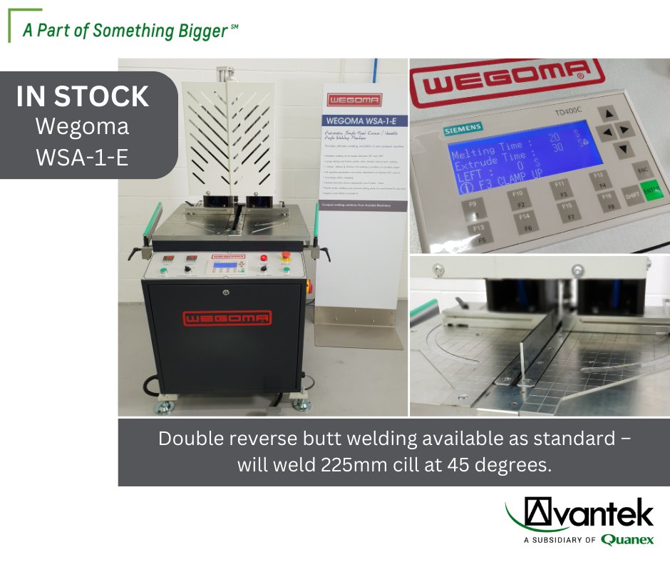 The adaptable, cost-effective Wegoma WSA-1-E single-head welder is in stock and available for delivery within 7 days!

Contact sales@avantekmachinery.co.uk for more information

#TheATeam #Fenestration #Machinery