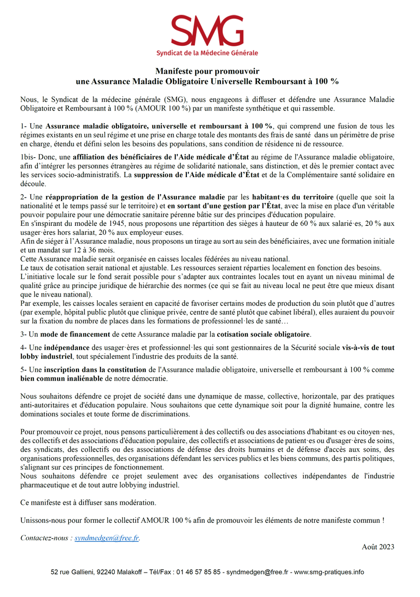 🔴 Bonne initiative du Syndicat de la Médecine Générale qui propose d'unir une large coalition autour de son manifeste pour une Assurance Maladie Obligatoire Universelle Remboursant à 100% !✅ Mais au fait, se seraient-ils inspirés de l'#AvenirEnCommun laec.fr/s32m257 ?