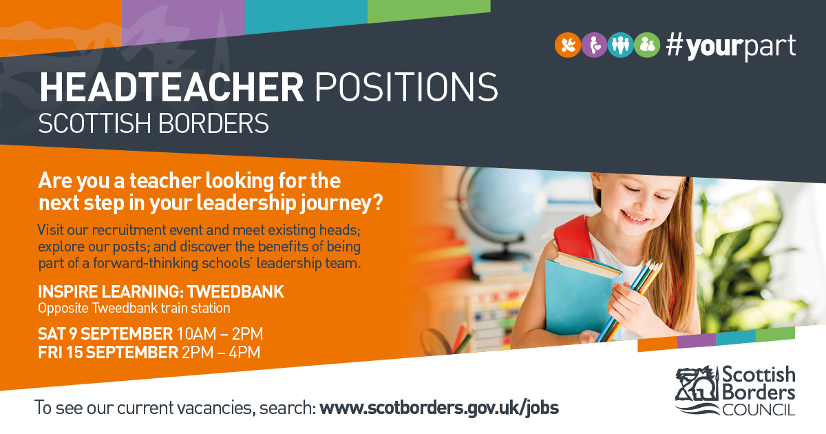 Are you a teacher looking for the next step in your leadership journey? Find out about current vacancies at our recruitment event at Inspire Learning: Tweedbank, on Sat 9 from 10am and Fri 15 Sept from 2pm. 
For more see:  ow.ly/cMcK50PHqZX