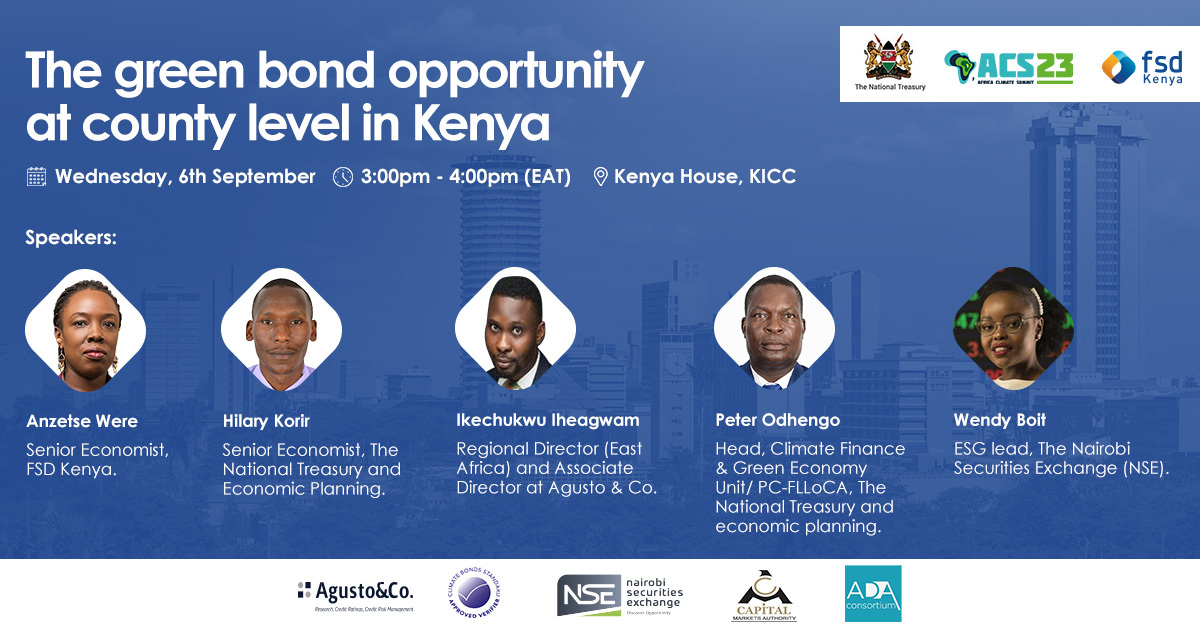 FSDKe's tweet photo. FSD Kenya’s current work is designed with attention to climate risks and green opportunities.
Join FSD Kenya,The National Treasury and Economic Planning and the county green bond opportunity partners for a side event at the @AfClimateSummit happening today from 3:00-4:00 pm. https://t.co/GshKGKdQ1N