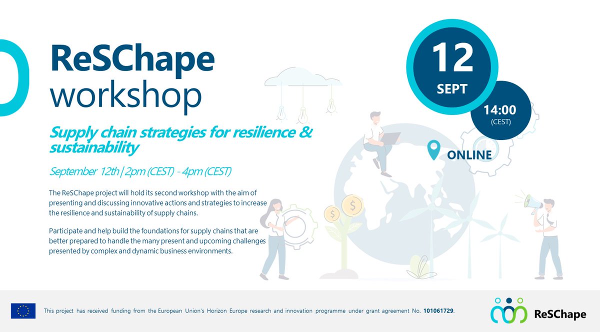 Haven't registered to our #workshop yet? Join us and help us to analyse actions and strategies to increase the #resilience of #supplychains!
💻Online 
🖊REGISTER 👉reschape.eu/events/worksho…

#sustainableeconomy #socialimpact #innovation #horizoneu #horizoneurope #europeanproject