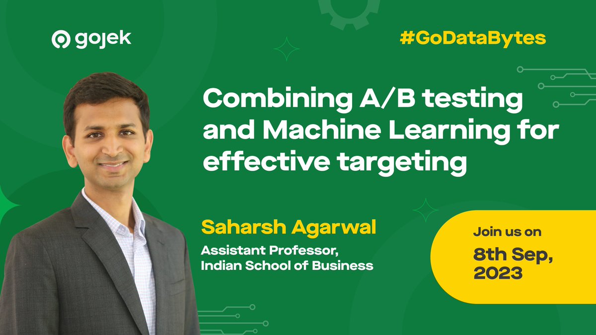 Gojek Tech (@gojektech) on Twitter photo Join us for the latest #GoDataBytes session with <a href="/saharshagarwal/">saharsh agarwal</a>! In this talk, Saharsh will discuss how one can leverage causal inference frameworks to improve ML based targeting interventions. ⚙️
🗓️ Sep. 8, 2023
⏰ 2:00 p.m. IST / 3:30 p.m. WIB
🔗 gotocompany.zoom.us/j/98230299621?… Join us for the latest #GoDataBytes session with <a href="/saharshagarwal/">saharsh agarwal</a>! In this talk, Saharsh will discuss how one can leverage causal inference frameworks to improve ML based targeting interventions. ⚙️
🗓️ Sep. 8, 2023
⏰ 2:00 p.m. IST / 3:30 p.m. WIB
🔗 gotocompany.zoom.us/j/98230299621?…