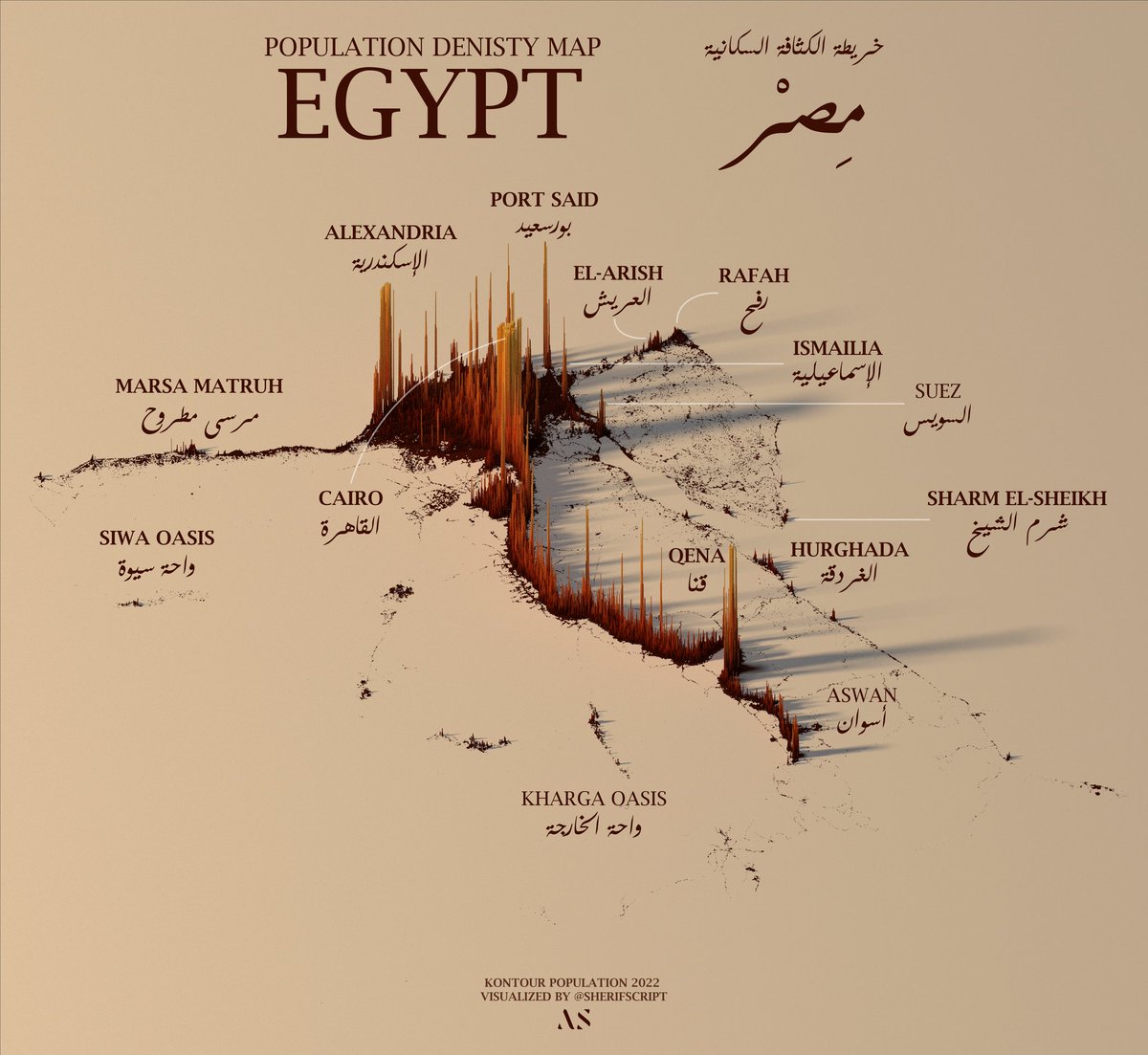theepicmap's tweet photo. Population Density Map of Egypt https://t.co/7whbjR00oY