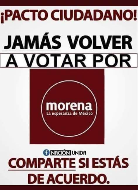 Hagamos un pacto ciudadano.🫱🏻‍🫲🏾

📣Mexicano no te puedes equivocar dos veces.
📣Mexicano no puedes tropezar con el mismo pndjo dos veces
📣 Méxicano no te dejes engañar 🪤 dos veces.

MEXICANOS JAMÁS VUELVAN A VOTAR POR MORENA.

📣PORQUE PARA LA PRÓXIMA NO HABRÁ PAÍS POR CUAL