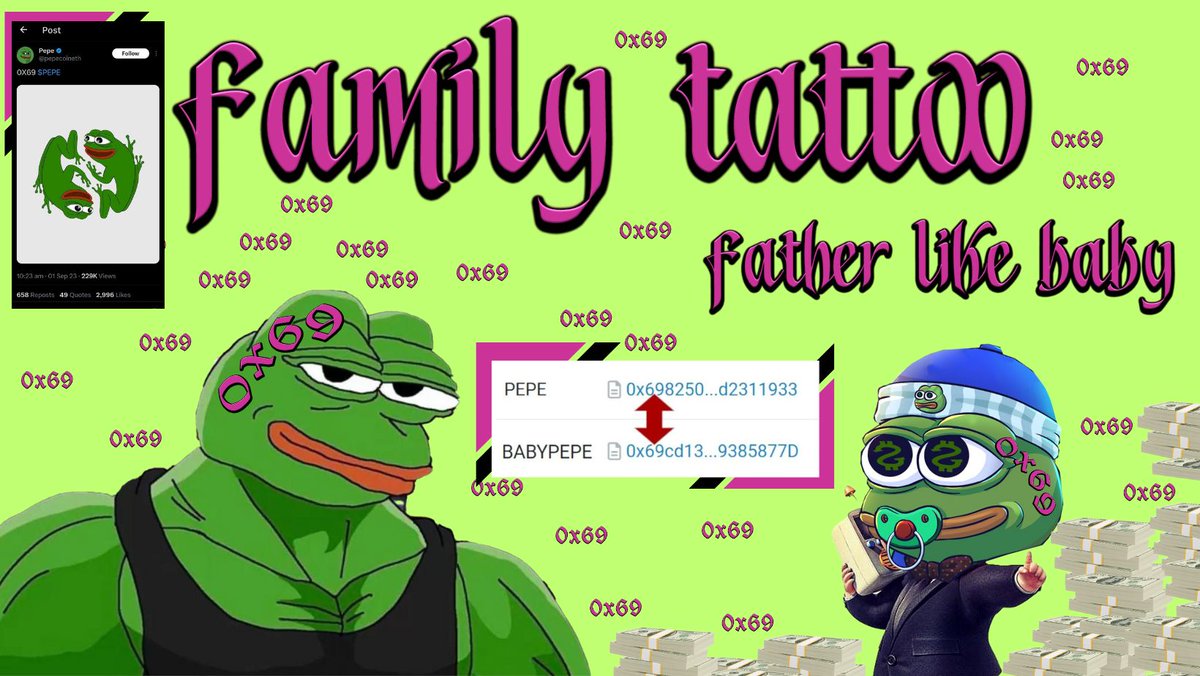 <a href="/JakeGagain/">JAKE</a> This is the Prophecy for baby pepe..

Mom and Dad pepe mate to create baby pepe.

We are baby pepe and thats the first 4 digits of our contract addresses 0x69

#babypepe <a href="/BabyPepe_erc20/">Baby Pepe</a> <a href="/babypepearmy/">Baby Pepe Army - $BABYPEPE</a> #pepe2 #pepe $pepe #babyshia

x.com/pepecoineth/st…

t.me/BabyPepeERCPor…